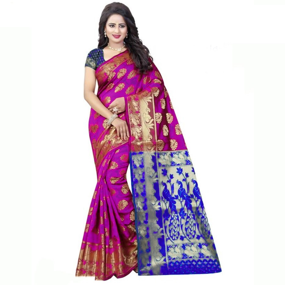 Banarasi Silk Saree - 5.5 Mtr Length, 0.8 Mtr Blouse | Navy Blue, Black, Purple, Red, Brown, Sky Blue, Green, Art Silk, Printed Pattern, Suitable For All Seasons
