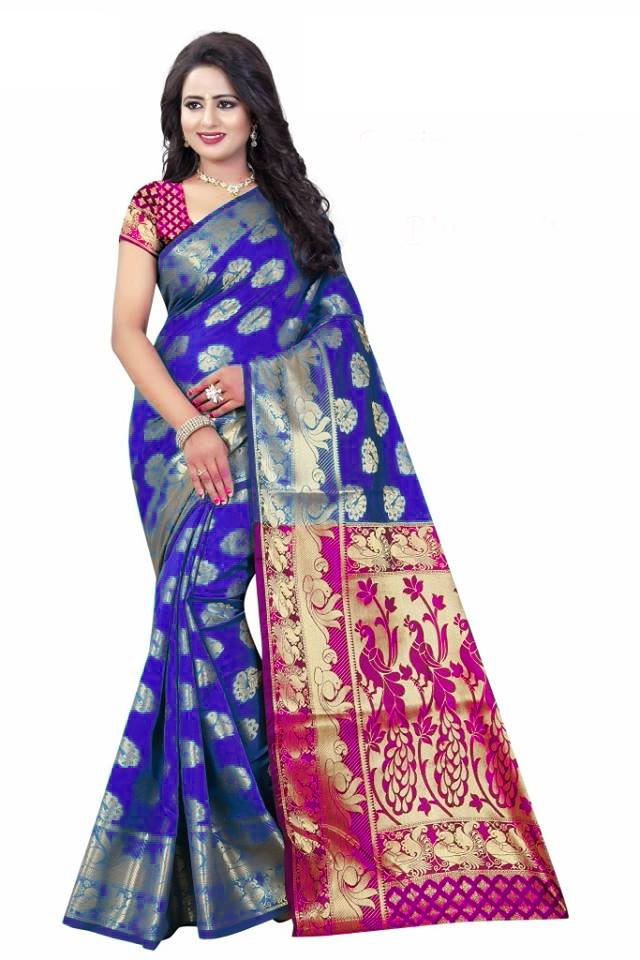 Banarasi Silk Saree - 5.5 Mtr Length, 0.8 Mtr Blouse | Navy Blue, Black, Purple, Red, Brown, Sky Blue, Green, Art Silk, Printed Pattern, Suitable For All Seasons