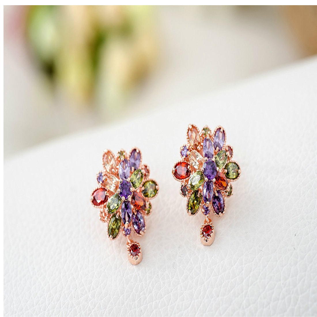 Double Flower Earrings - 18k Rose Gold Plated, Multi-color Crystal & Zircon Embellishments