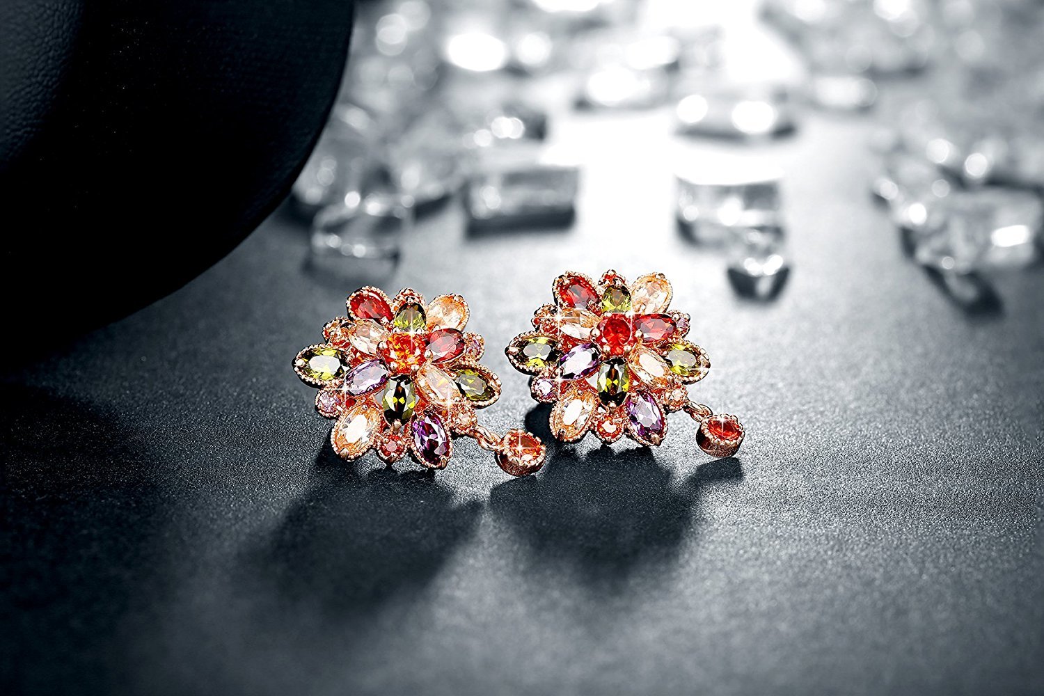 Double Flower Earrings - 18k Rose Gold Plated, Multi-color Crystal & Zircon Embellishments