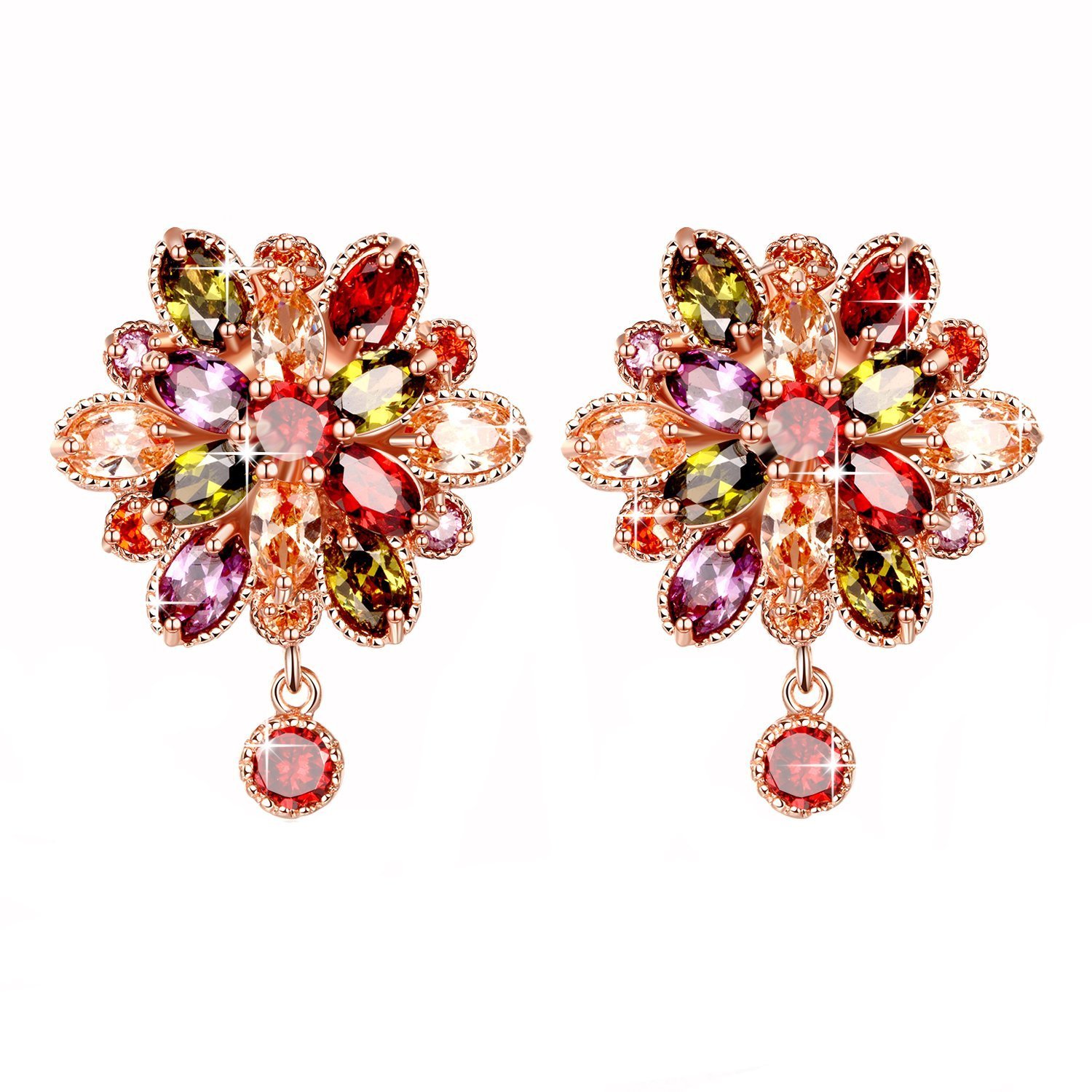 Double Flower Earrings - 18k Rose Gold Plated, Multi-color Crystal & Zircon Embellishments