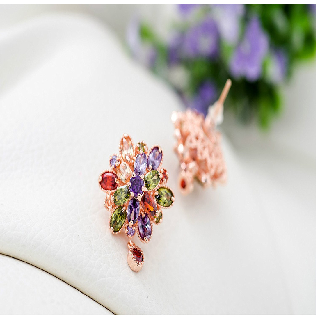 Double Flower Earrings - 18k Rose Gold Plated, Multi-color Crystal & Zircon Embellishments