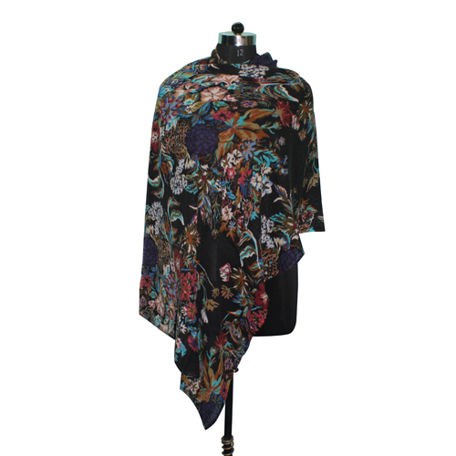 ब्लैक वूल स्क्रीन प्रिंटेड स्टोल