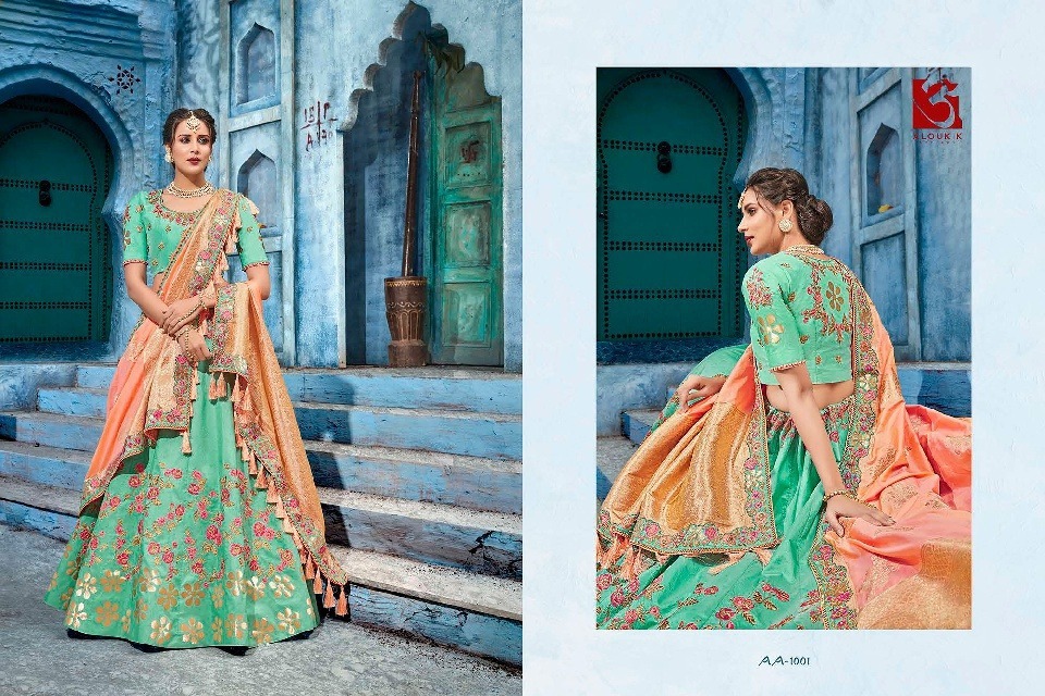 ग्रीन एंड पीच फैंसी हैवी एम्ब्रॉयडरी सिल्क लहंगा