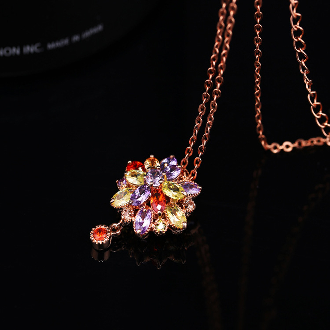 Multi-color Double Flower Fine Work Swiss Cubic Zircon 18k Rose Gold Plated Pendant