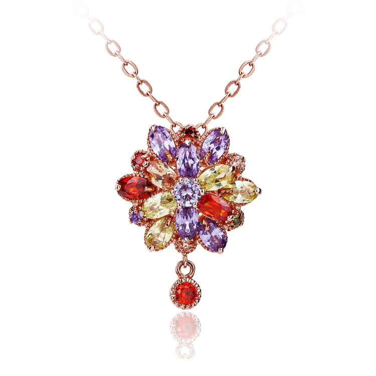 Multi-color Double Flower Fine Work Swiss Cubic Zircon 18k Rose Gold Plated Pendant