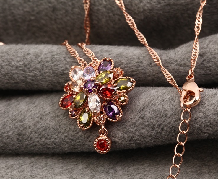Multi-color Double Flower Fine Work Swiss Cubic Zircon 18k Rose Gold Plated Pendant