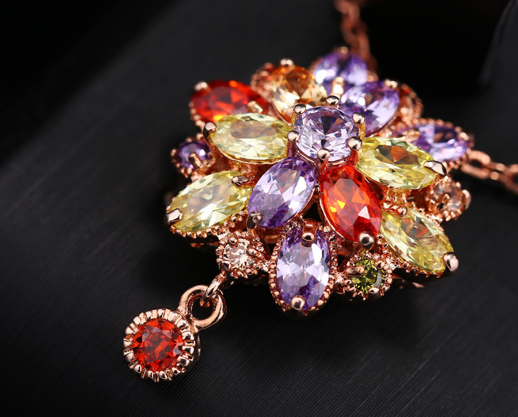 Multi-color Double Flower Fine Work Swiss Cubic Zircon 18k Rose Gold Plated Pendant