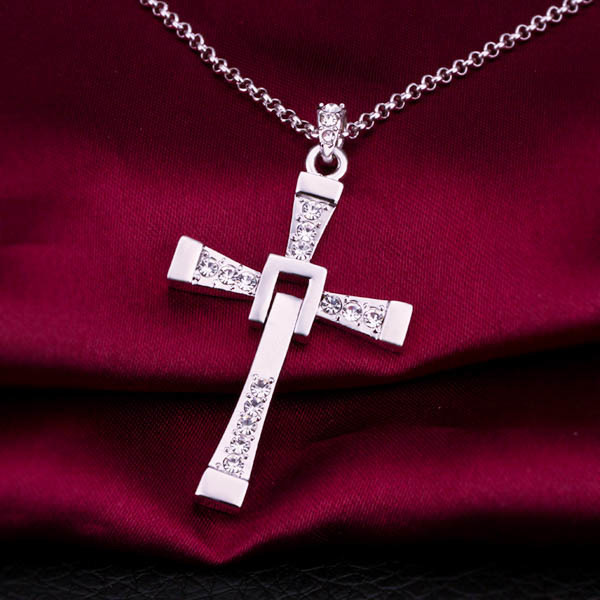 Silver Vin Diesel Smart Cross Pendant In Austrian Crystal 18k Platinum White Gold Plated