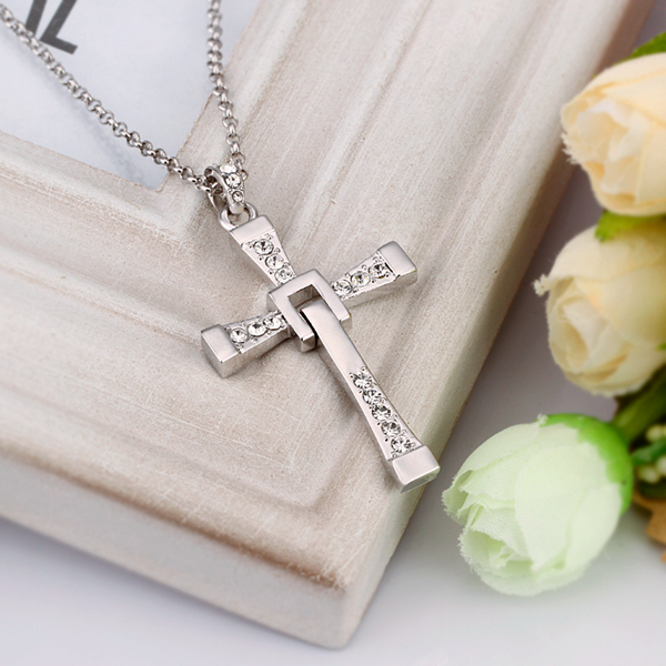 Silver Vin Diesel Smart Cross Pendant In Austrian Crystal 18k Platinum White Gold Plated