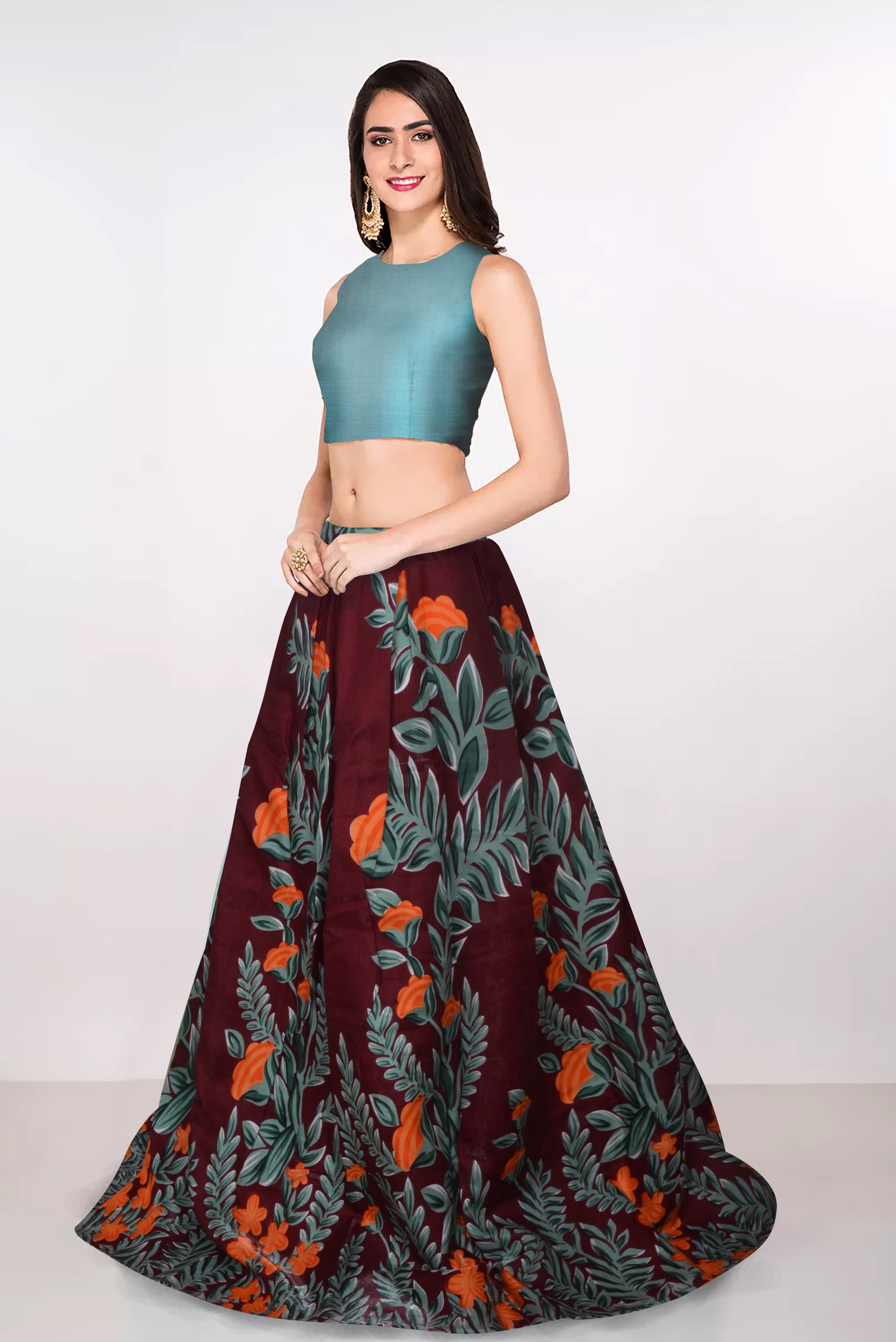 Modern Fancy Lehenga - Silk Fabric, Maroon Color | Intricate Floral Prints, Long Lasting Sheen, Washable, Customizable Stitching, Ideal Gift For Sisters