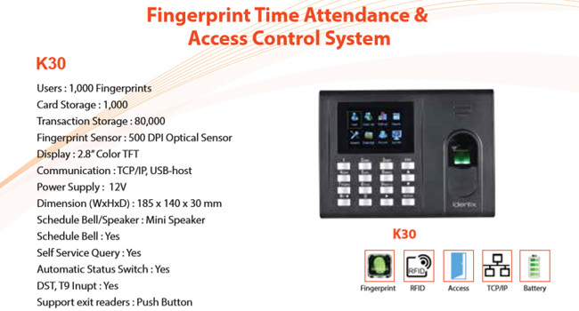 K30 Pro Time Attendance And Access Control Identification Time: Less Than 1 Seconds