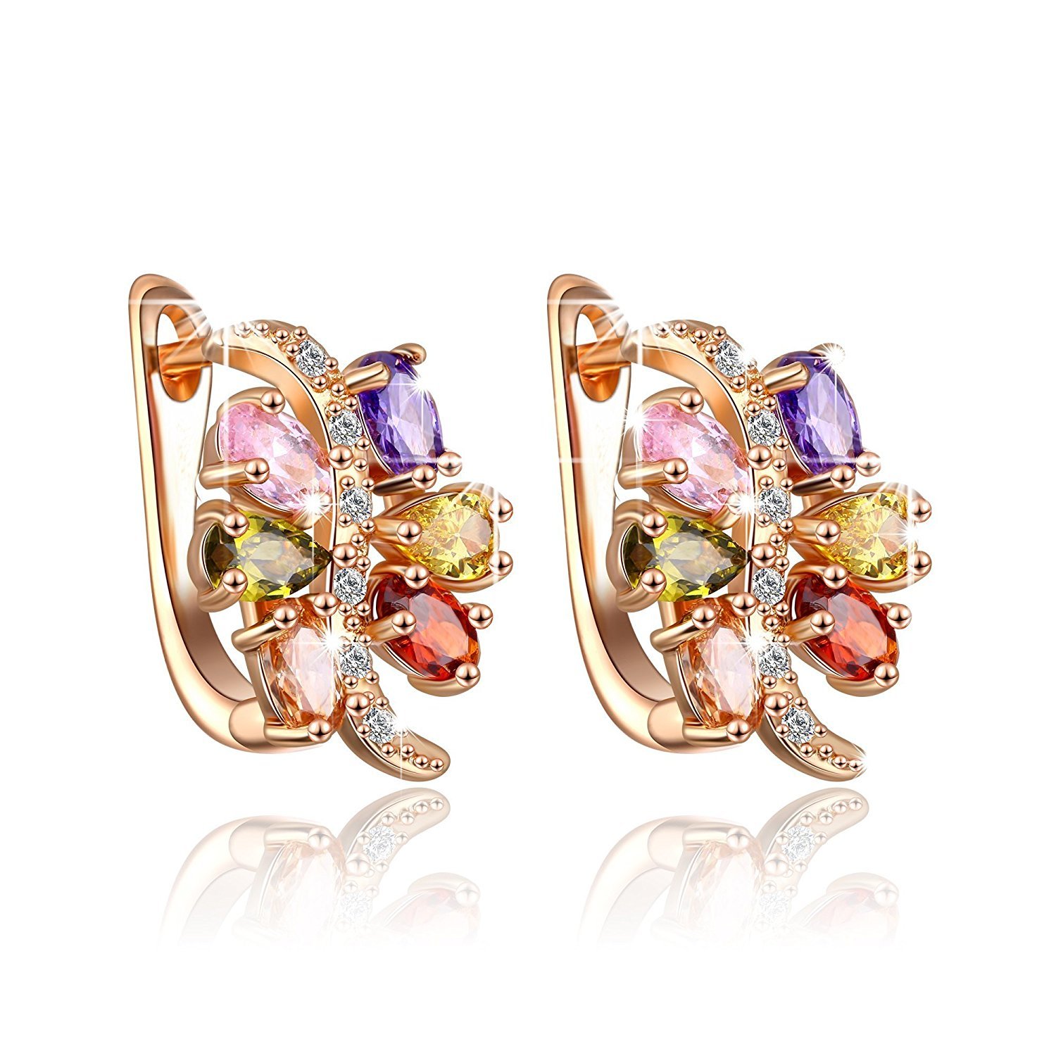 Colourful Petals Swiss Aaa Zircon Clip On Earrings - 18k Rose Gold Coating, Sparkling Finish, Light Weight And Comfortable Design, Lead And Nickel Free