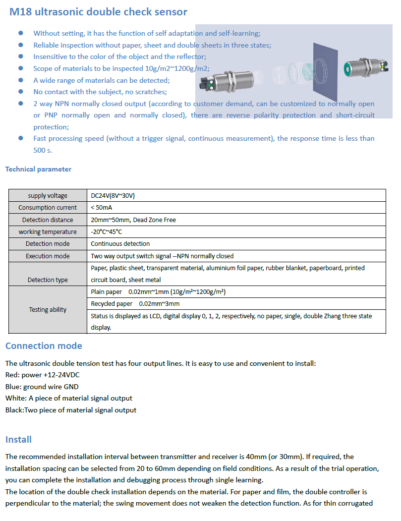 M18 Ultrasonic Double Sheet Sensor Accuracy: 40mm