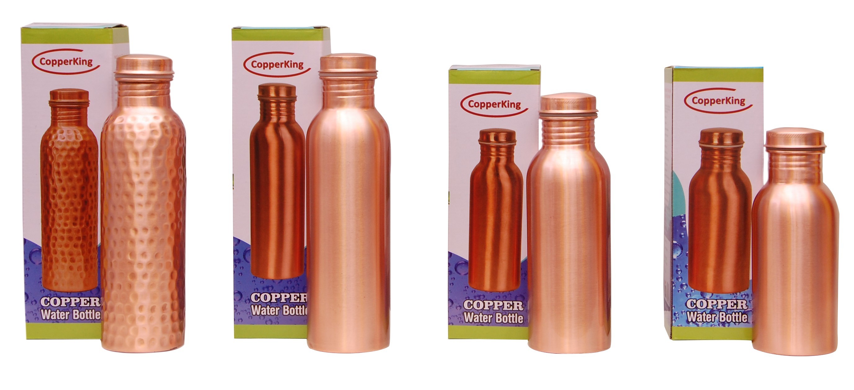 Copper Water Bottle - 950ml, 750ml, 600ml | Pure Copper Material, Round Shape, Copper Color, Coated Surface, 23 Gauge Thickness, Copper Warranty
