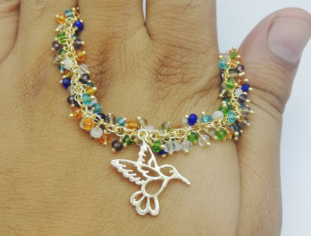 Gold Plated Multi Color Gemstone Cluster Chain Bracelet With Bird Charm Diameter: 6.5 Inch (In)