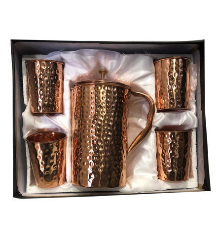 Round Copperking Pure Copper Gift Set Hammered Jug With 4 Glass