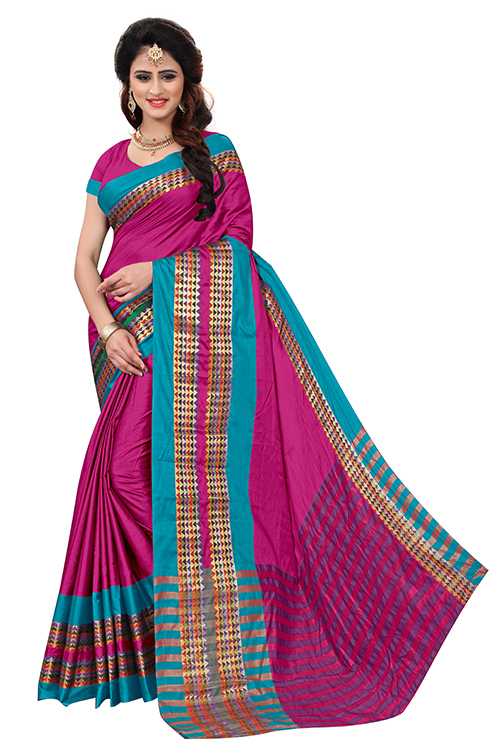 Poly Cotton Jacquard Saree - 5.5 Mtr Length, 0.8 Mtr Blouse | Orange, Yellow, Blue, Purple, Red Colors, Printed Pattern For All Seasons