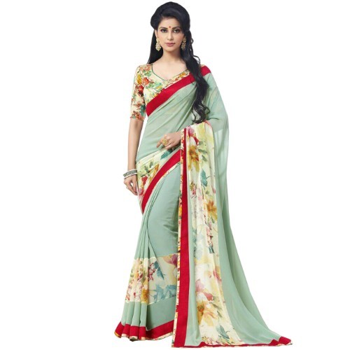 Printed Saree - Georgette Fabric, Length: 5.5 Mtr, Blouse: 0.8 Mtr | Lace Closure, Available In All Colors, Vibrant Printed Pattern
