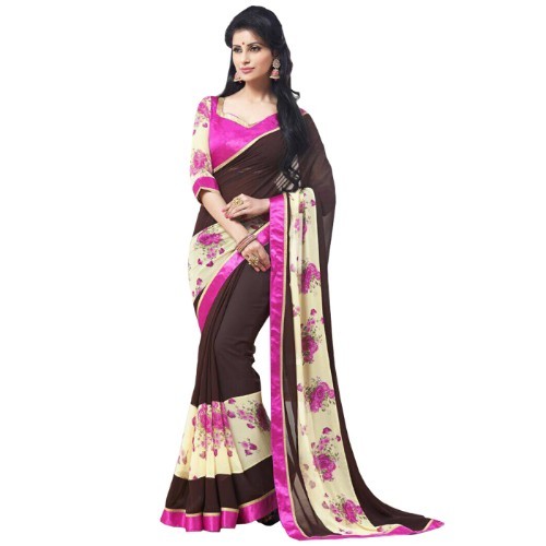 Printed Saree - Georgette Fabric, Length: 5.5 Mtr, Blouse: 0.8 Mtr | Lace Closure, Available In All Colors, Vibrant Printed Pattern