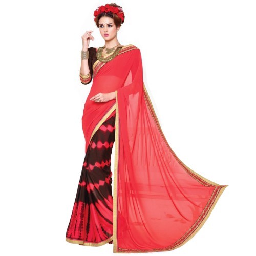 Plain Saree - Georgette Material, Length: 5.5 Mtr, Blouse: 0.8 Mtr | Closure: Laces, Color: All, Pattern: Printed