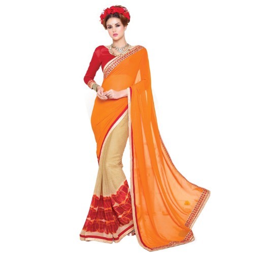 Plain Saree - Georgette Material, Length: 5.5 Mtr, Blouse: 0.8 Mtr | Closure: Laces, Color: All, Pattern: Printed