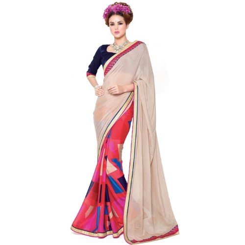Plain Saree - Georgette Material, Length: 5.5 Mtr, Blouse: 0.8 Mtr | Closure: Laces, Color: All, Pattern: Printed