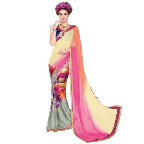 Plain Saree - Georgette Material, Length: 5.5 Mtr, Blouse: 0.8 Mtr | Closure: Laces, Color: All, Pattern: Printed
