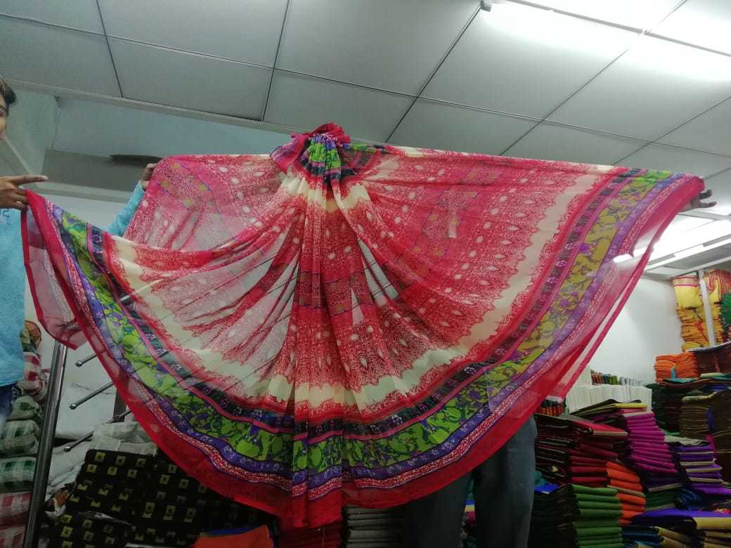 Fancy Print Georgette Saree - 5.5 Mtr Length, 0.8 Mtr Blouse | Art Silk Material, Vibrant Colors: Orange, Yellow, Blue, Purple, Red, Stunning Printed Pattern