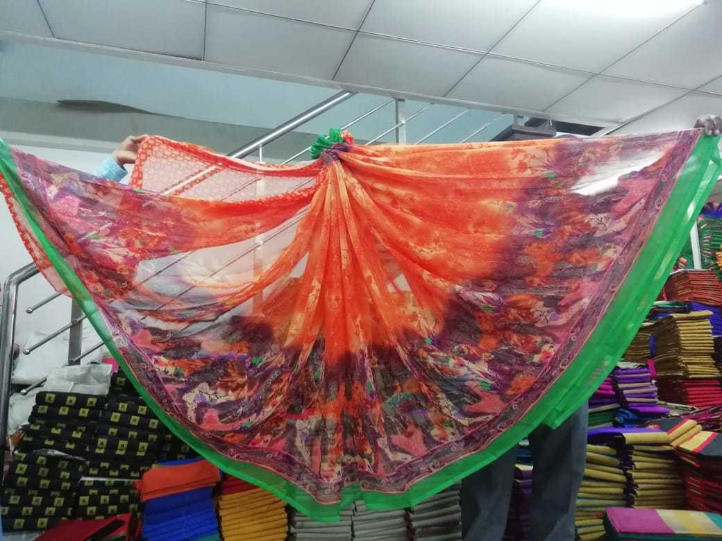 Fancy Print Georgette Saree - 5.5 Mtr Length, 0.8 Mtr Blouse | Art Silk Material, Vibrant Colors: Orange, Yellow, Blue, Purple, Red, Stunning Printed Pattern