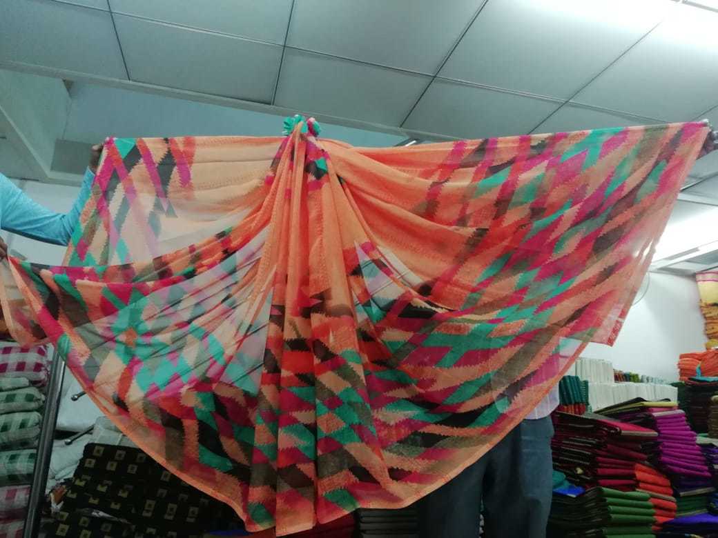 Printed Synthetic Saree - Georgette Fabric, Length: 5.5 Mtr, Blouse Length: 0.8 Mtr | Colors: Orange, Yellow, Blue, Purple, Red, Pattern: Printed