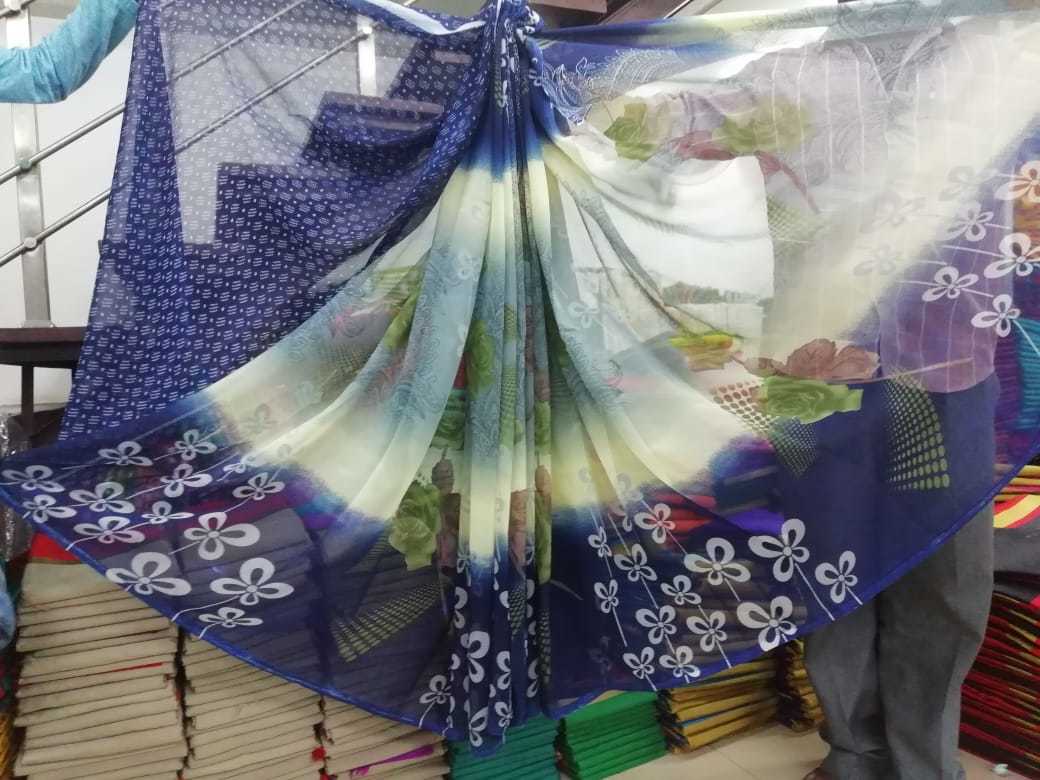 Printed Synthetic Saree - Georgette Fabric, Length: 5.5 Mtr, Blouse Length: 0.8 Mtr | Colors: Orange, Yellow, Blue, Purple, Red, Pattern: Printed