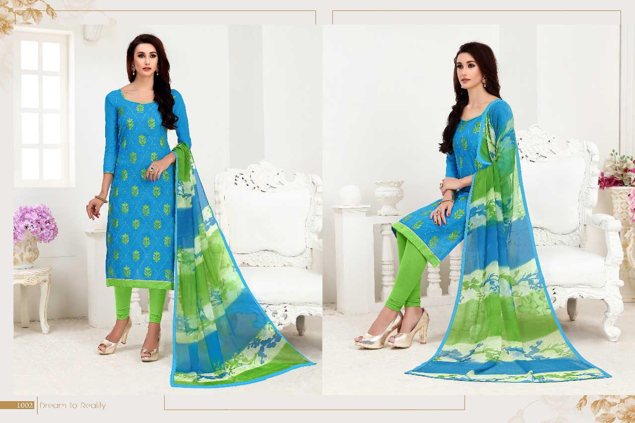 Cotton Slub Salwar Suit - 2.25 Mtr Top, 2.25 Mtr Indo Bottom, Silver Shiffon Dupatta | Mix Color, Printed Pattern, Short Sleeves, Custom Size, Ideal For Rainy Season
