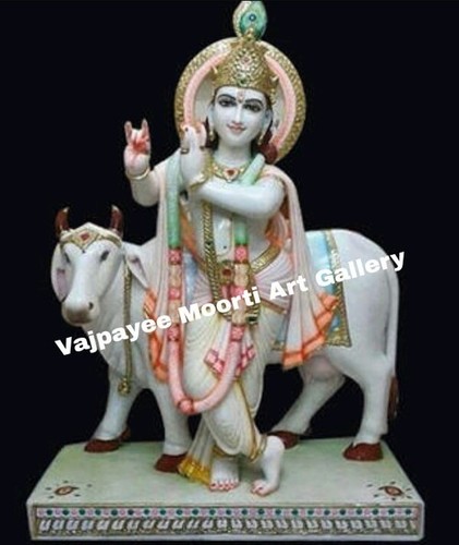 Marble Krishna Statue With Cow