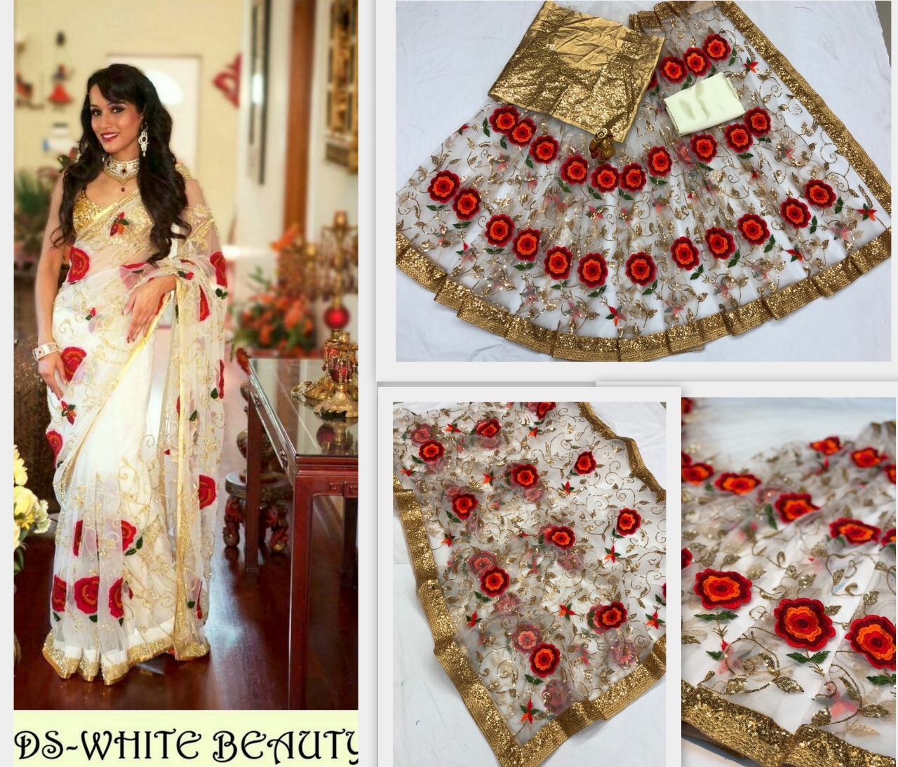 White Floral Saree - Nylon Mono Net, 2 Mtr Inner , Hand Embroidery, Bollywood Style