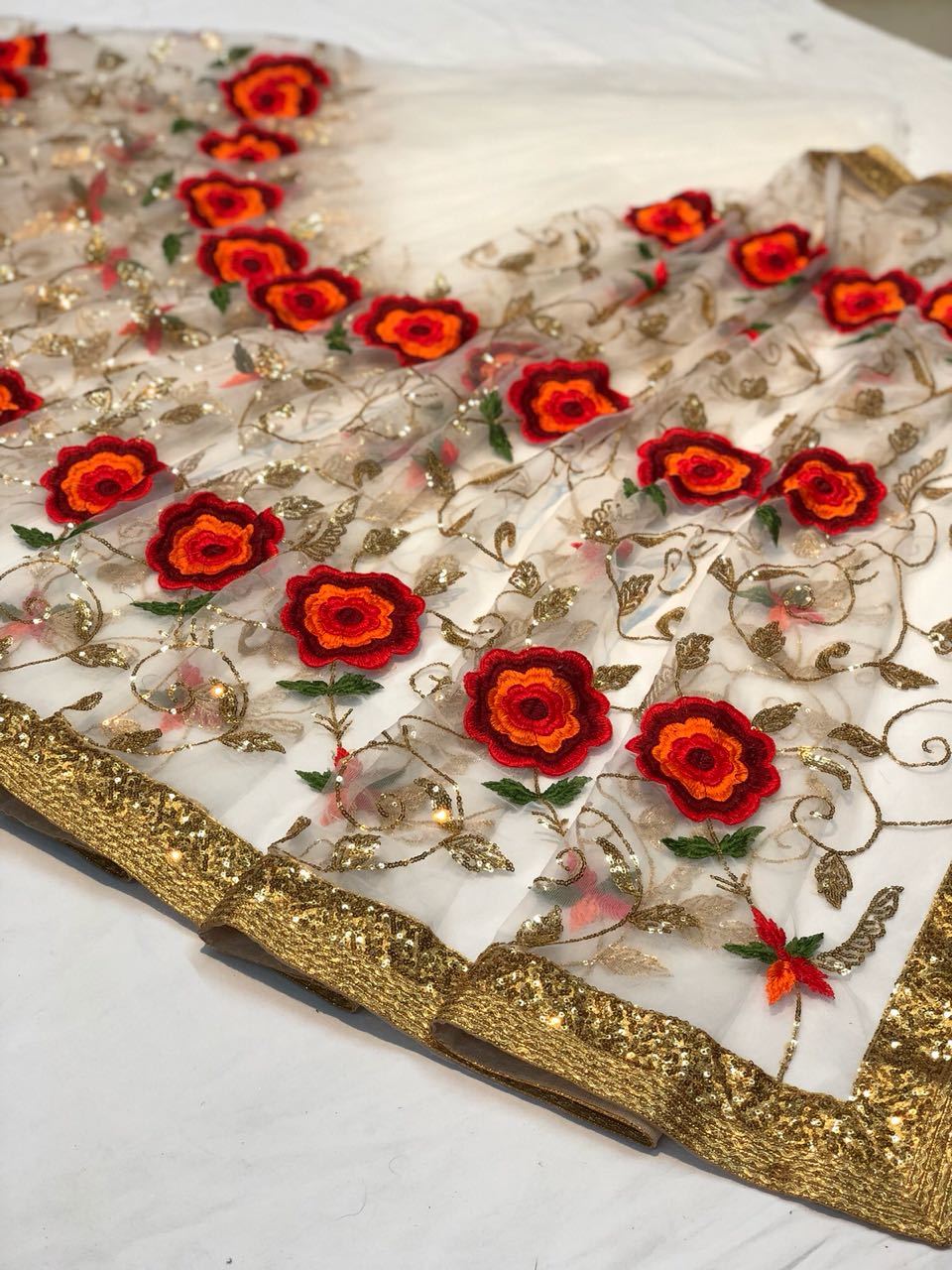 White Floral Saree - Nylon Mono Net, 2 Mtr Inner , Hand Embroidery, Bollywood Style