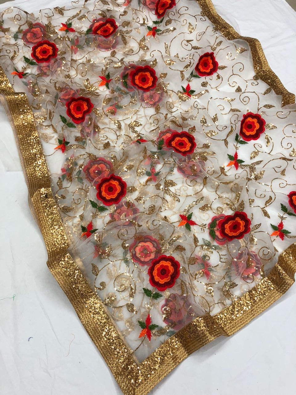 White Floral Saree - Nylon Mono Net, 2 Mtr Inner , Hand Embroidery, Bollywood Style