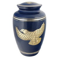 Silver Eagle Brass Urn - 190 Cubic Inches | Hand-engraved Metal Urn With Blue Finish And Silver Bands, American Style