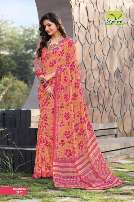 Seymore Printed Saree - Georgette Fabric 5.5 Mtrs With Blouse 0.8 Mtrs, Cream Color, Bollywood Style, Beautiful Printed Design