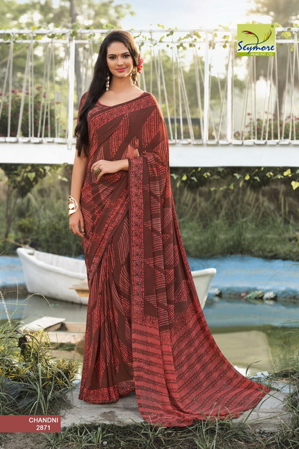 Seymore Printed Saree - Georgette Fabric 5.5 Mtrs With Blouse 0.8 Mtrs, Cream Color, Bollywood Style, Beautiful Printed Design