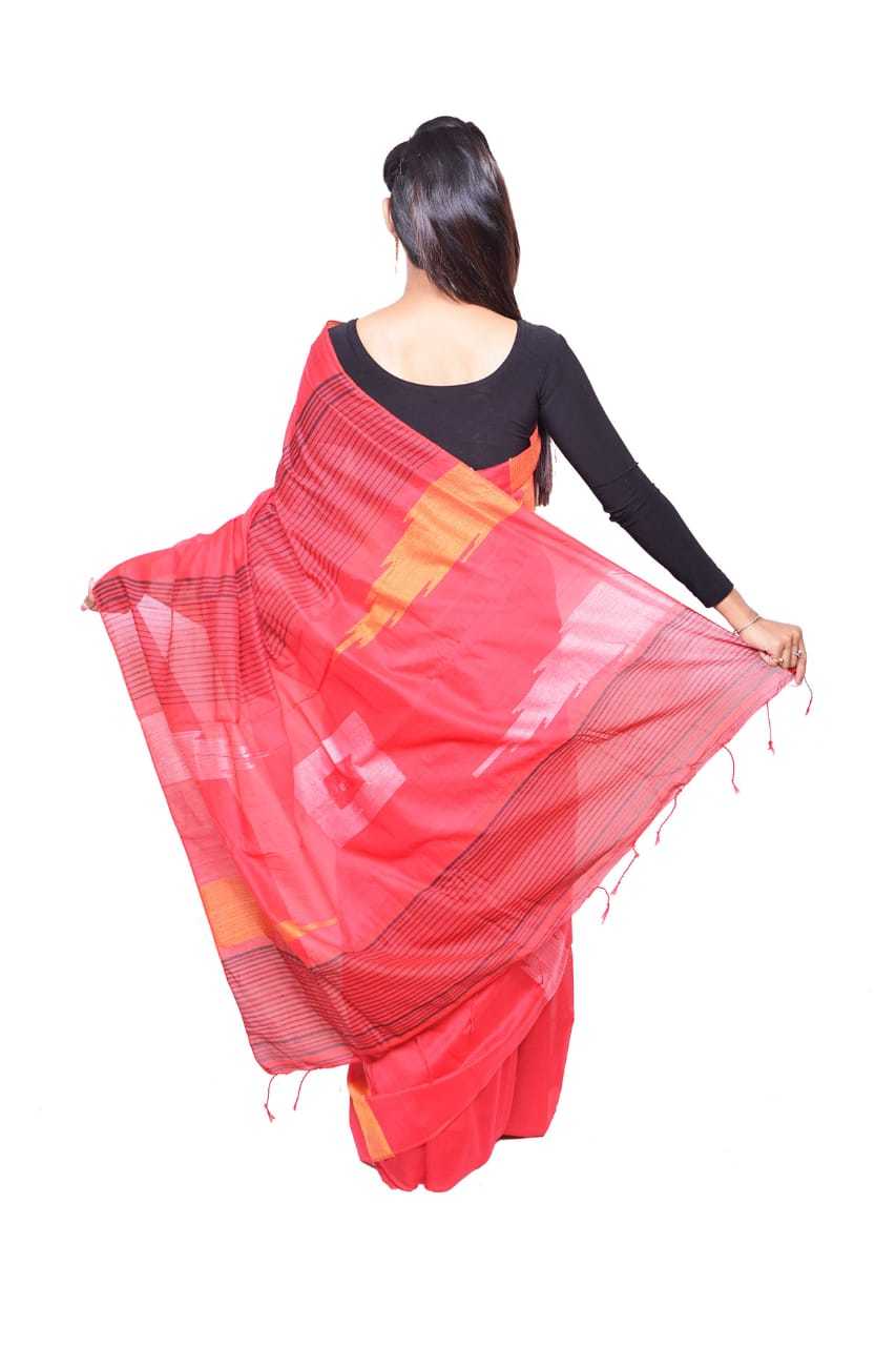 Ladies Handloom Cotton Silk Saree - Red Base, Pure Cotton Silk Material, Elegant Thread Work Design, Includes Matching Blouse