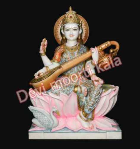 Marble Saraswati Statue - Handmade Marble Sculpture , Durable, Easy To Clean, Unique Painting Finishing