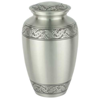 Elegant Pewter Urn For Ashes - 10"x7" Cylindrical Metal Design | Black Etched Bands Scalloped Edges Threaded Lid