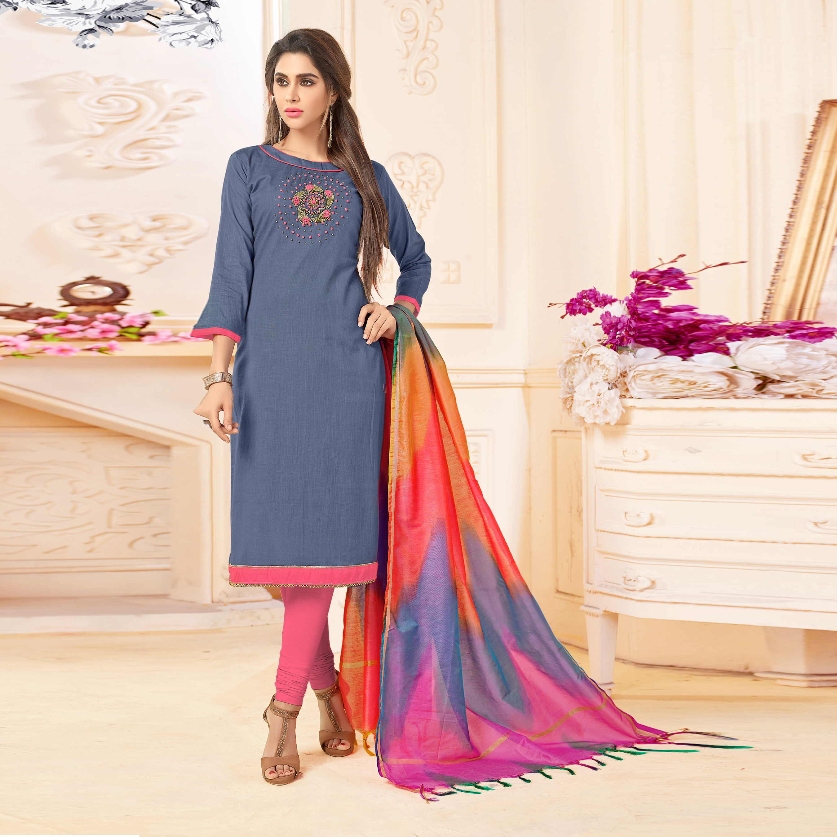 Slub Cotton Embroidered Straight Suit - Free Size, Orange And Red With Hand Work, Tussle Dupatta, Elegant Casual Wear