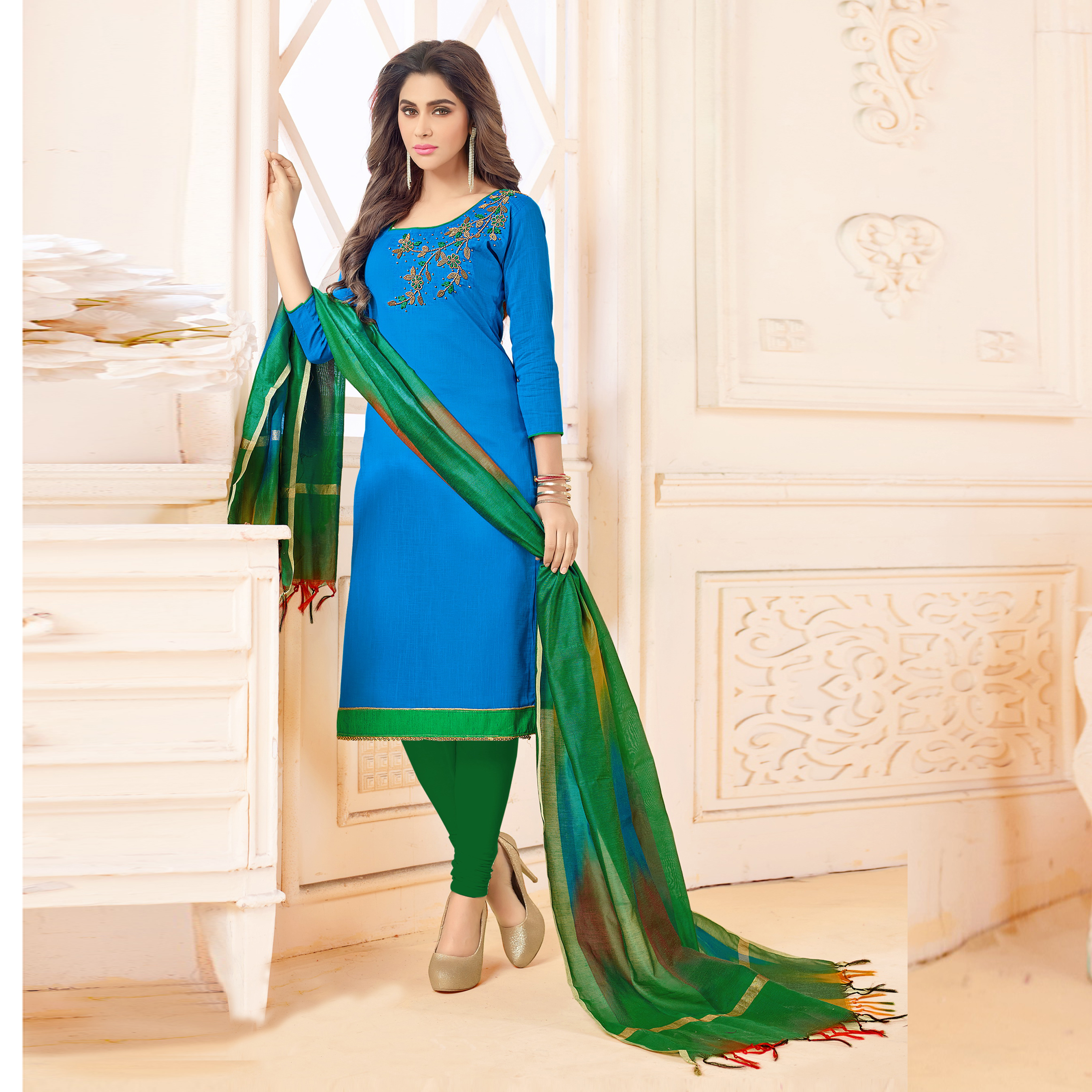 Slub Cotton Embroidered Straight Suit - Free Size, Orange And Red With Hand Work, Tussle Dupatta, Elegant Casual Wear