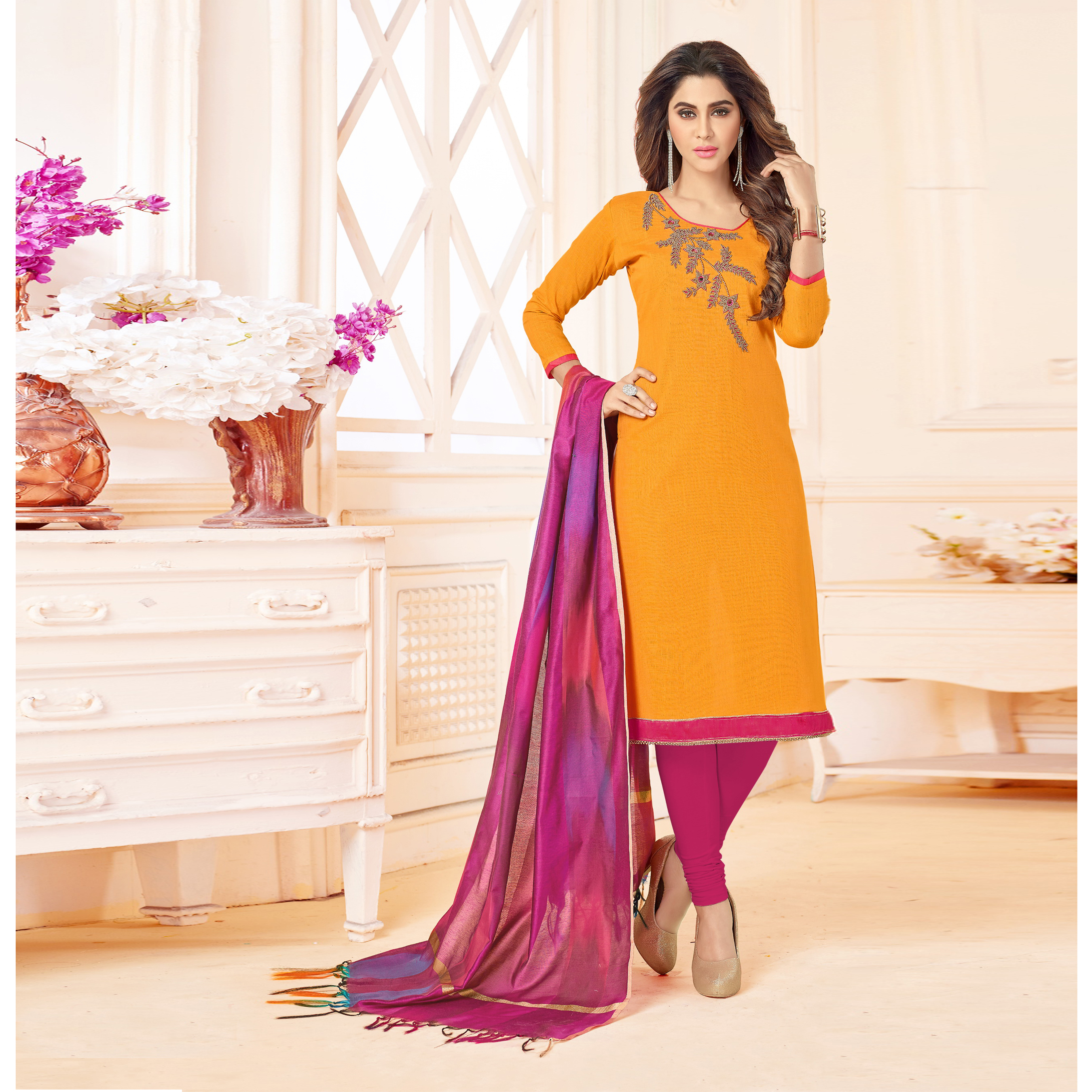 Slub Cotton Embroidered Straight Suit - Free Size, Orange And Red With Hand Work, Tussle Dupatta, Elegant Casual Wear