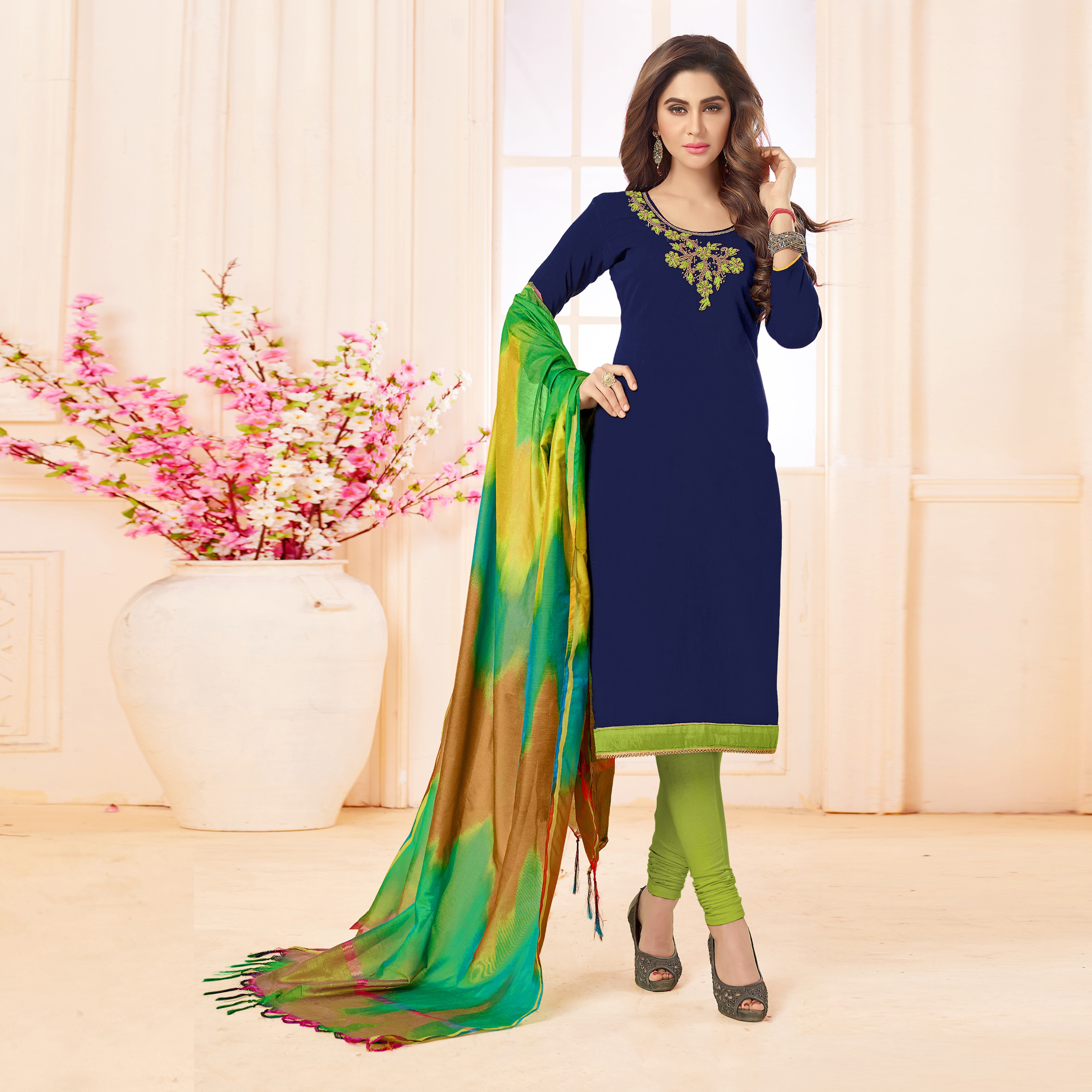 Slub Cotton Embroidered Straight Suit - Free Size, Orange And Red With Hand Work, Tussle Dupatta, Elegant Casual Wear