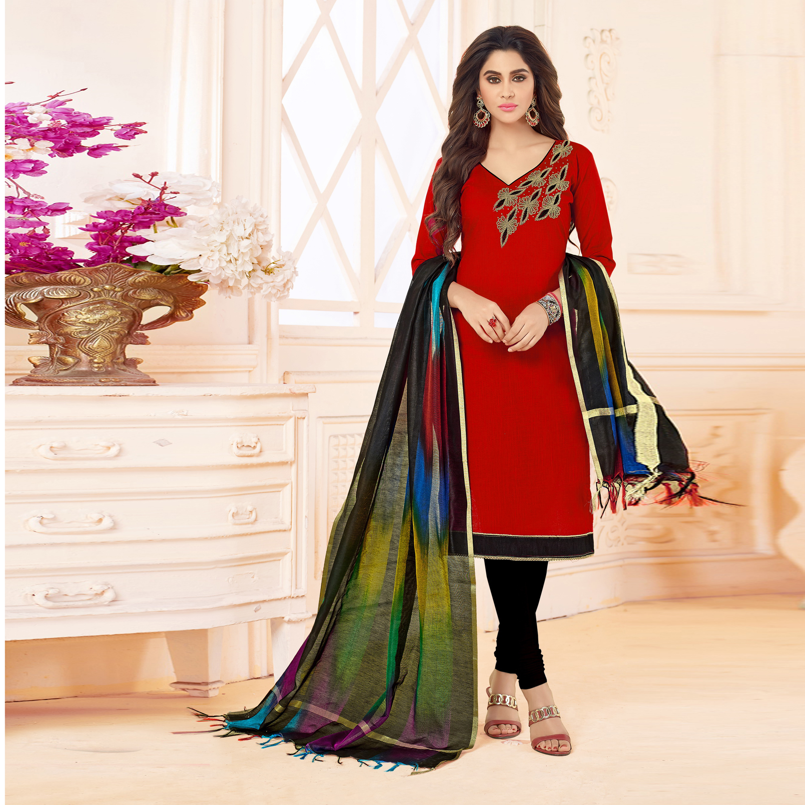 Slub Cotton Embroidered Straight Suit - Free Size, Orange And Red With Hand Work, Tussle Dupatta, Elegant Casual Wear