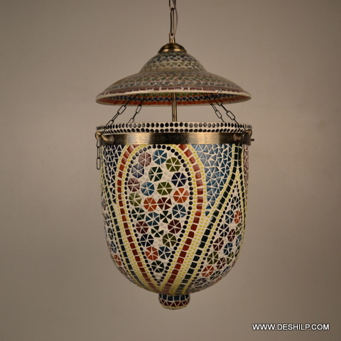 Multi Colors Mosaic Hanging Lamp - Handmade Glass, 8x15 Inches, Oval Shape | Elegant Roof Installation, Polished Finish