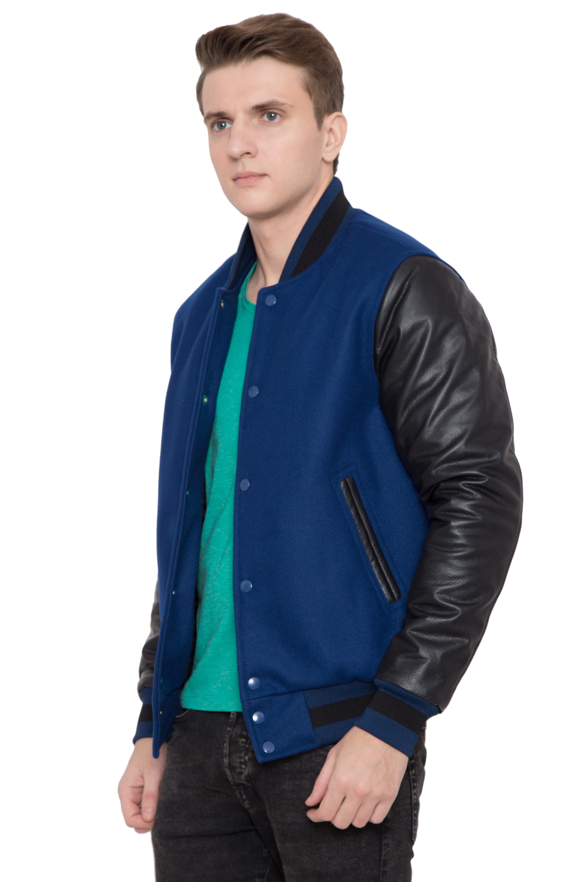High Royal Wool Leather Varsity Jacket - Full Wool Material, Size Xxs-6xl, Blue Black Color | Extremely Warm, Full Sleeves, Customize With Patches And Embroidery